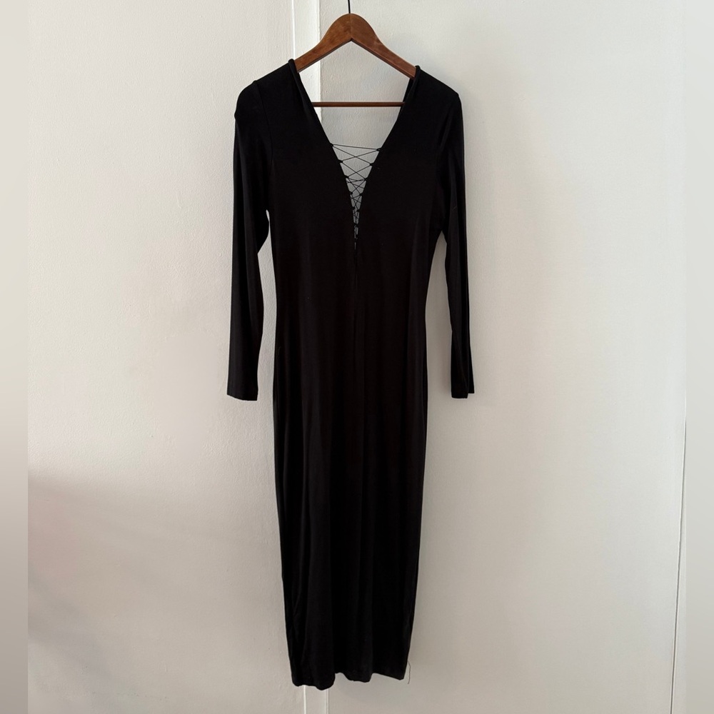 T by Alexander Wang Black Lace-Up Long Sleeve Dress